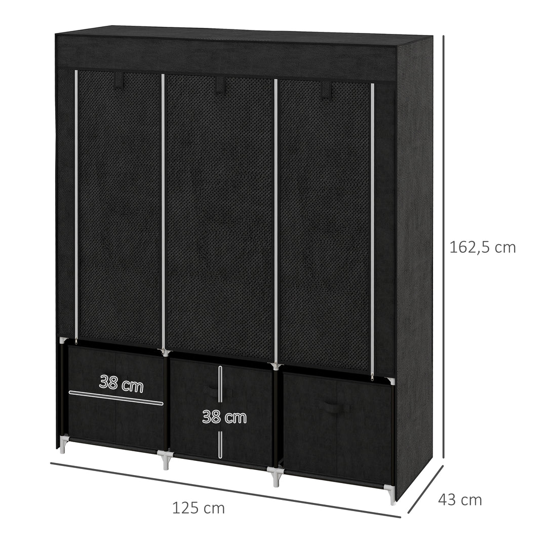 Stofgarderobe lavet af non-woven materiale, sammenklappelig garderobe, inklusive 3 skuffer, 125 cm x 43 cm x 162,5 cm, sort