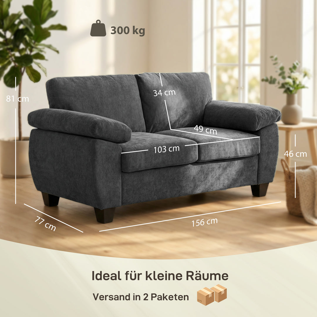 2-personers sofa, 156 cm chenillesofa med tykke fjederkernehynder, brede polstrede armlæn, 300 kg lasteevne, mørkegrå