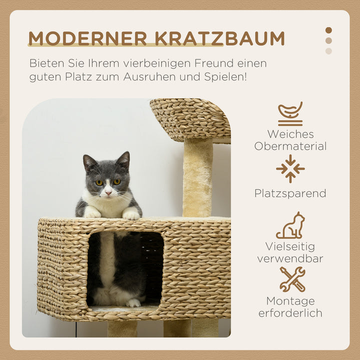 Kradsetræ til katte, 1 kattehule, 1 katteseng, 1 liggeflade, 1 rampe, 60 cm x 40 cm x 98 cm, naturlig + beige