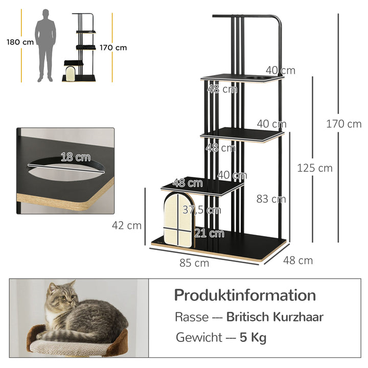 Kradsetræ, industridesign, 3 platforme, 2 puder, kradsevæg, stålramme, sort, 85 x 48 x 170 cm