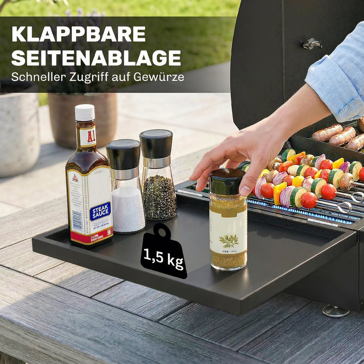 Gasgrill 7,5 KW Bærbar bordgrill med 3 brændere, sidebord, stegeplade, emaljerede grillriste, fedtbakke