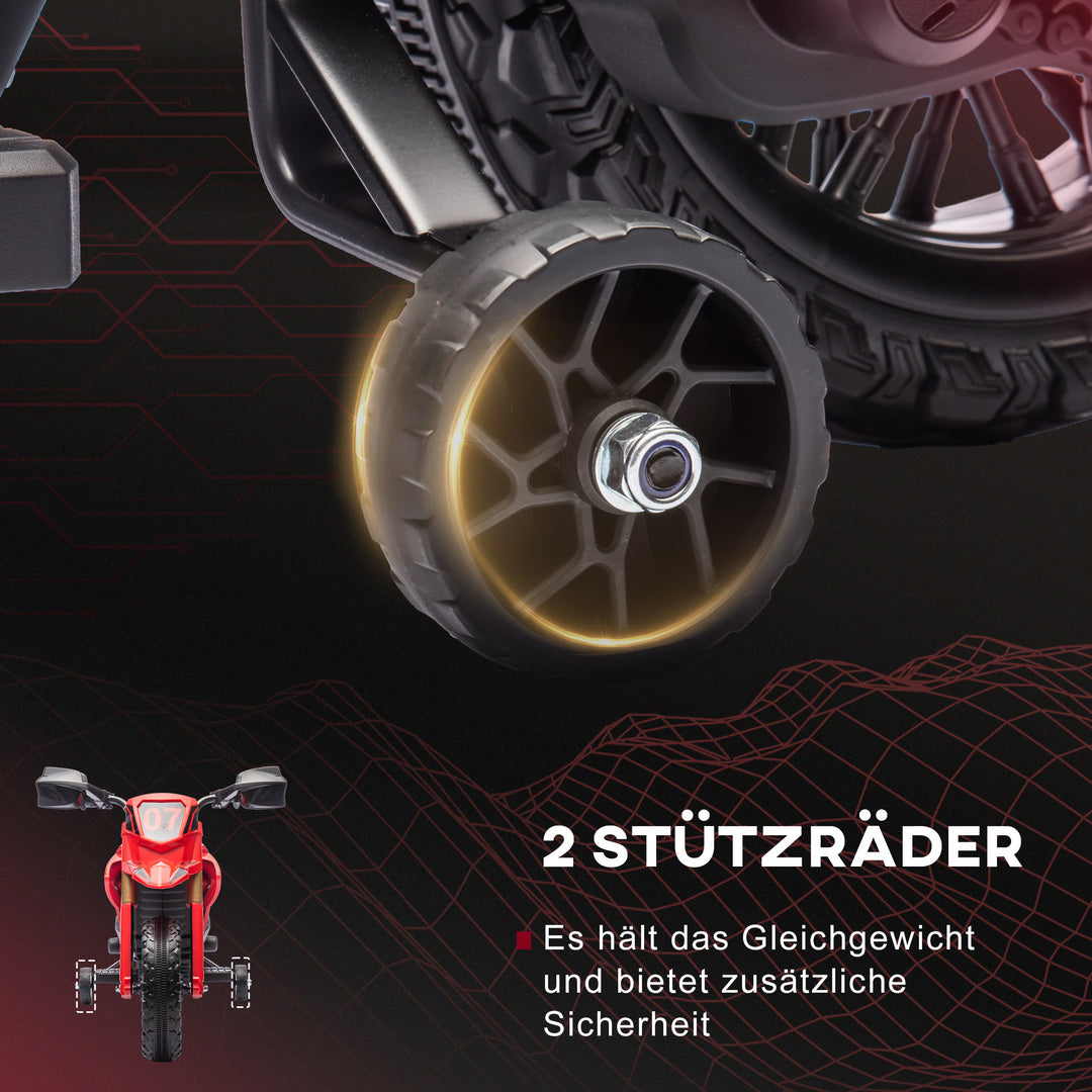Elmotorcykel til børn, 6v batteridrevet, støttehjul, horn, startlyd, alder 3-8, rød