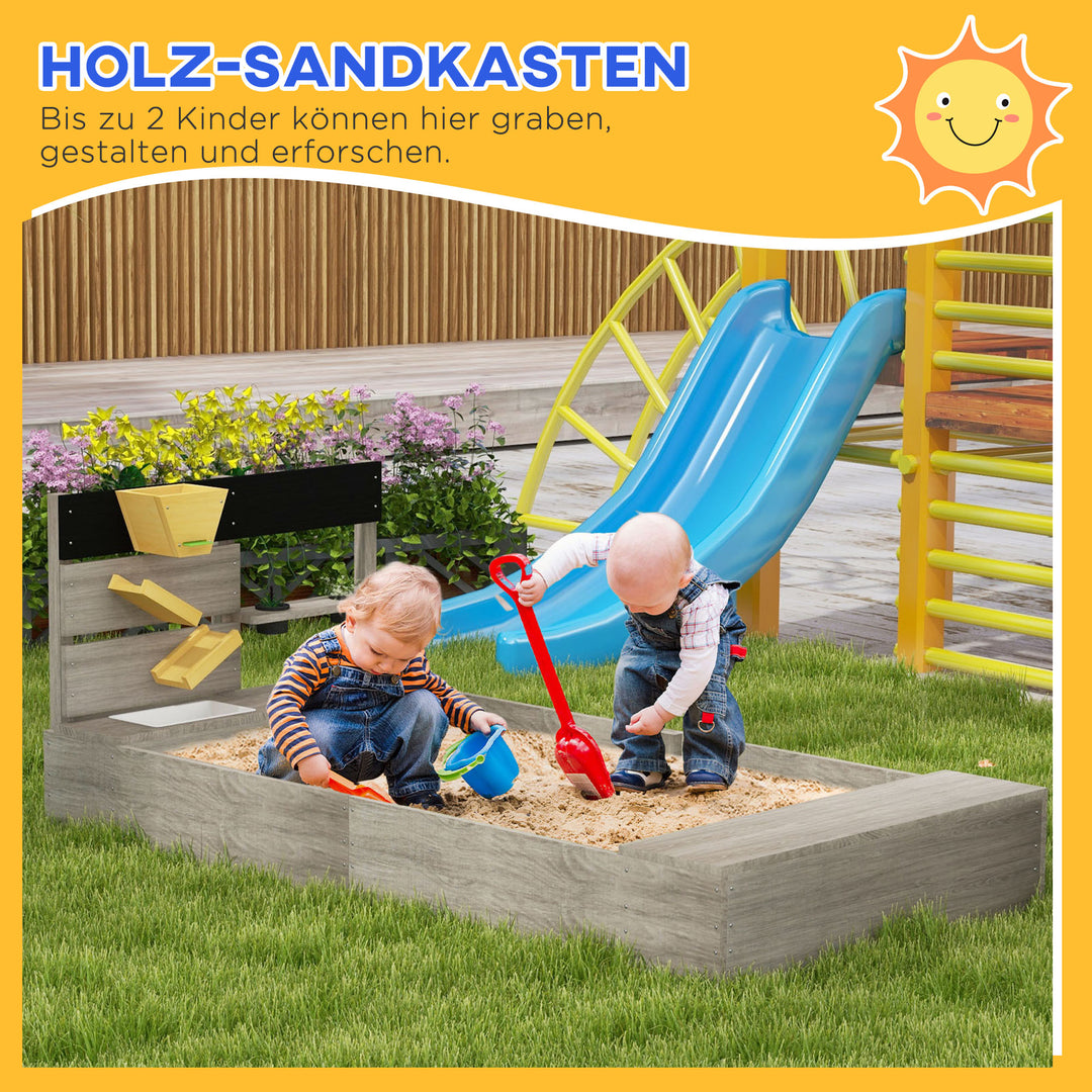 Sandkasse med vandstation, 2 plantekasser, behandlet massivt træ, 154 x 80 x 60 cm, grå
