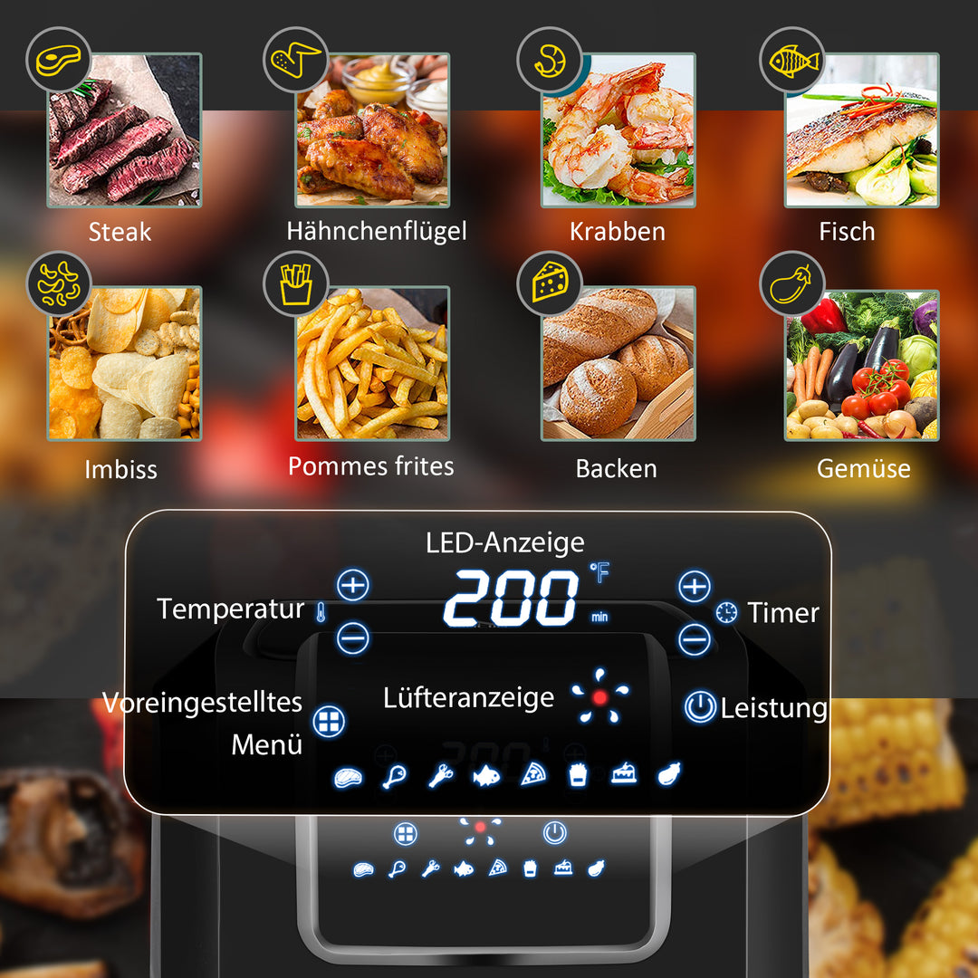 Varmluftfrituregryde 6,5 l 1700w med 8 menuer led-display non-stick kurv til sund oliefri fedtfattig madlavning sort 36,5 x 29 x 33,8 cm