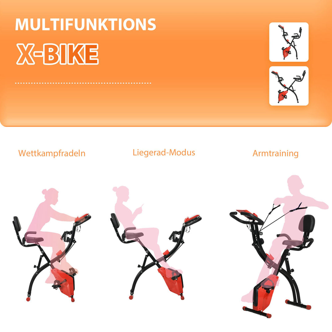 X-bike 2-i-1 motionscykel med lcd-skærm, pulsmåler, foldbar motionscykel med 8 niveauer af magnetisk modstand, 1 par spændereb, stålrød 105 x 48 x 118 cm