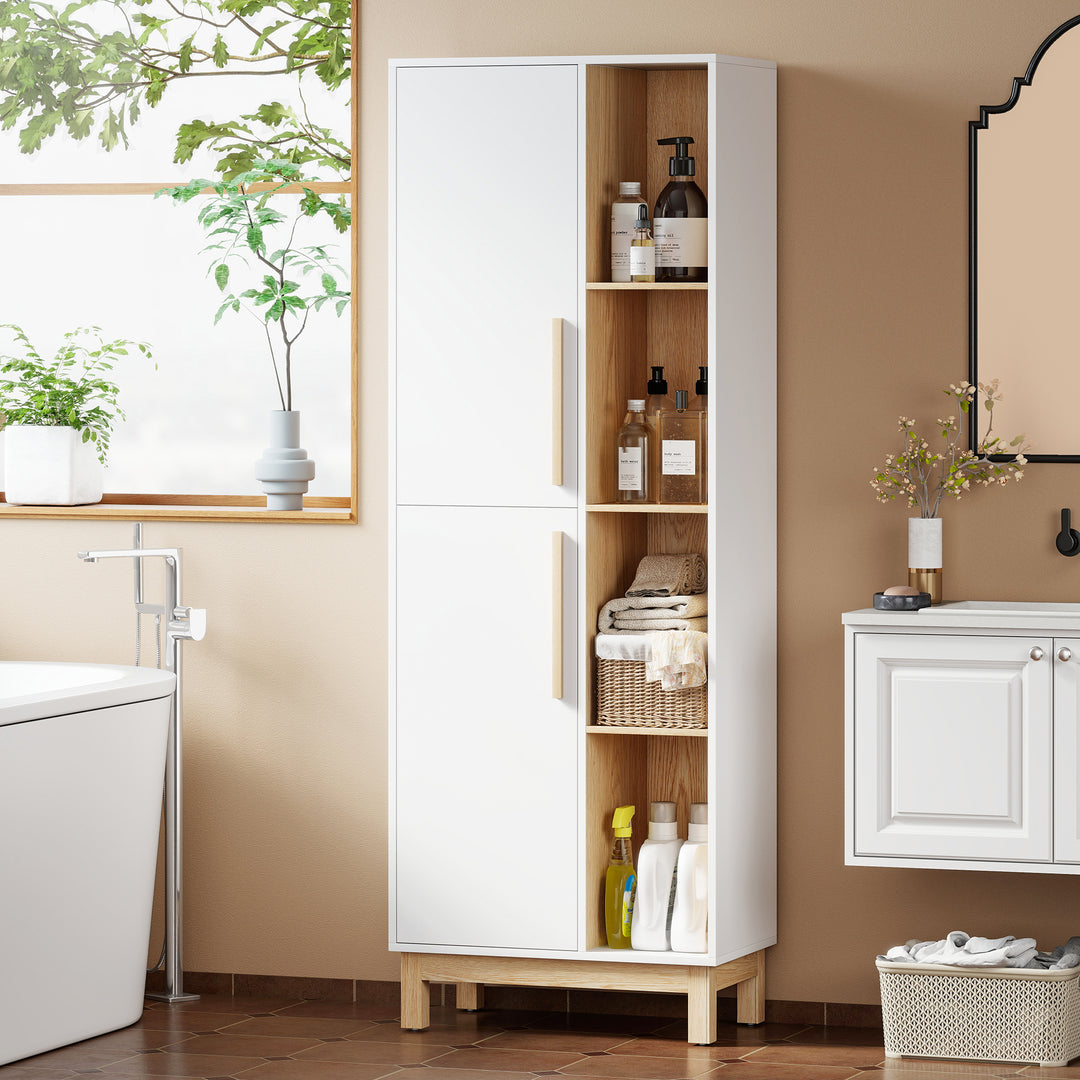 176 cm høj reol, 4 åbne hylder, 2 skabe, fritstående reol, MDF, hvid