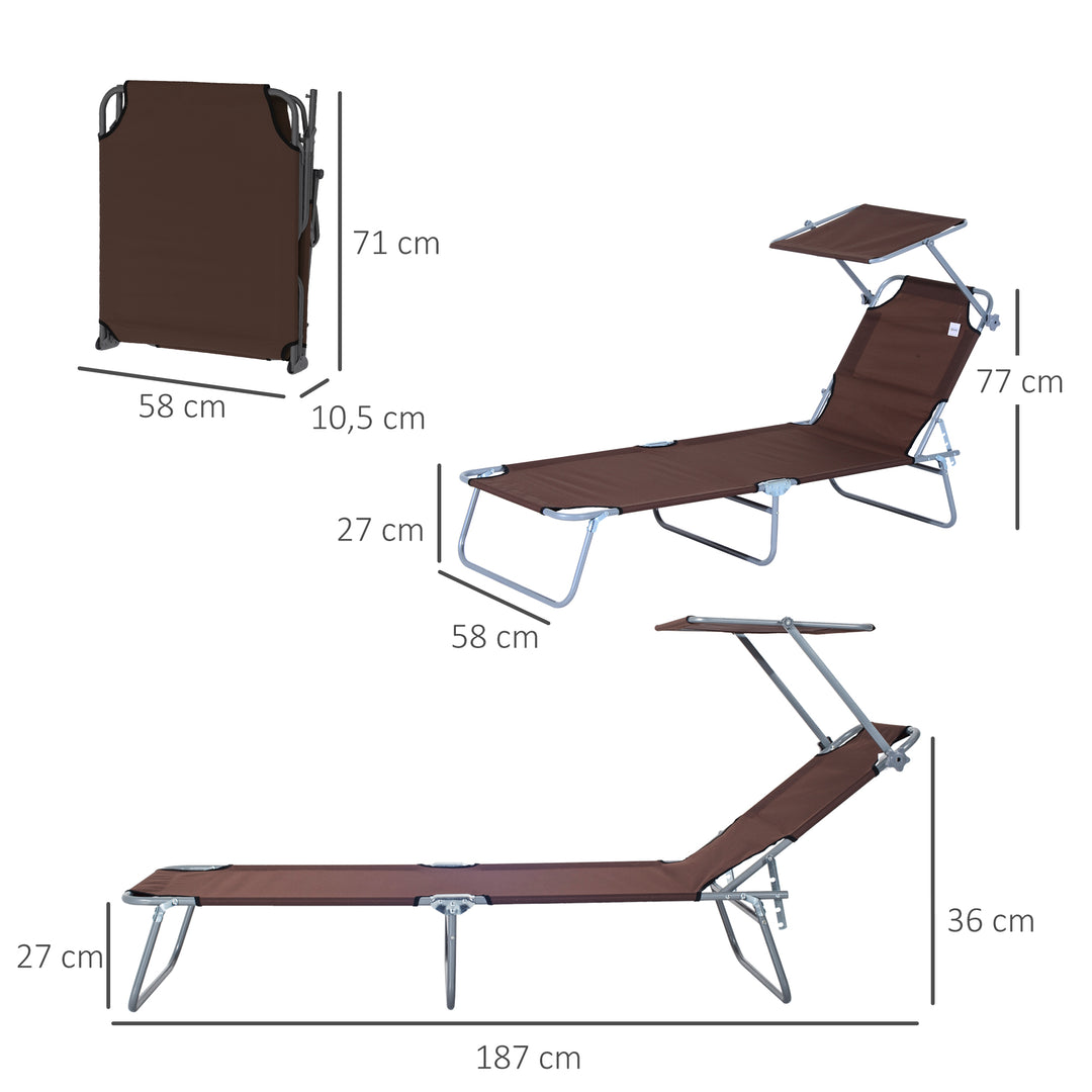 Sammenklappelig liggestol, havestol med solskærm, liggestol med 4-positions justerbar ryglæn, campingstol, lasteevne op til 120 kg, egnet til have, balkon og pool, 6 farver (brun)