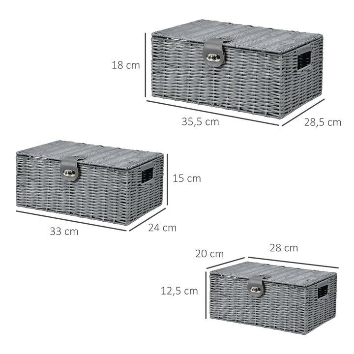 Sæt med 3 opbevaringskurve i pe-rattan med lukning og håndtag, 35,5 cm x 28,5 cm x 18 cm, grå