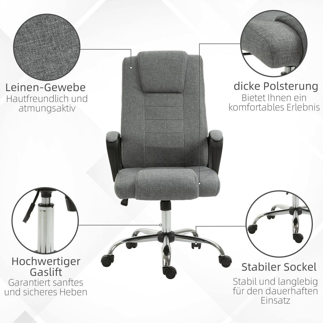 Kontorstol, computerstol med vippefunktion, nakkestøtte, ergonomisk skrivebordsstol, drejelig, højdejusterbar, grå linnedbetræk, 62 x 76 x 110-119 cm