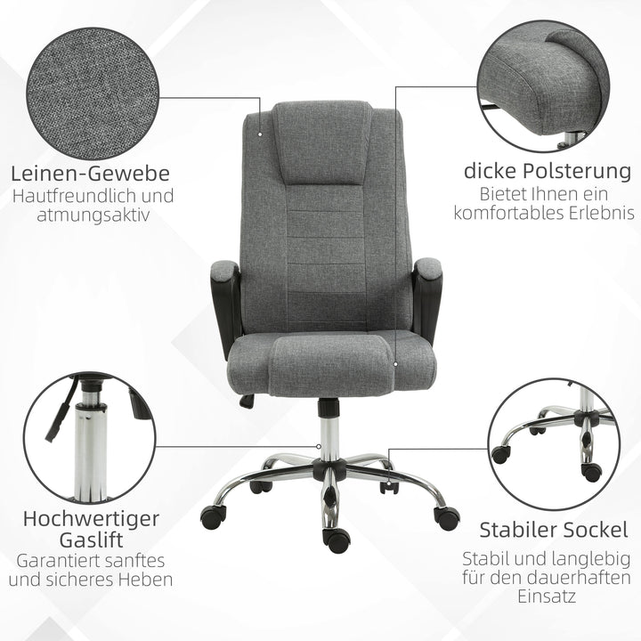 Kontorstol, computerstol med vippefunktion, nakkestøtte, ergonomisk skrivebordsstol, drejelig, højdejusterbar, grå linnedbetræk, 62 x 76 x 110-119 cm