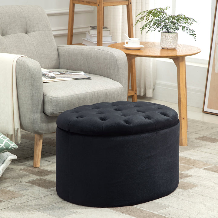 Bænk med opbevaringsplads, polstret bænk med fløjlslook, oval formet kommodebænk til stue, soveværelse, entre, 71 x 52 x 42 cm, sort
