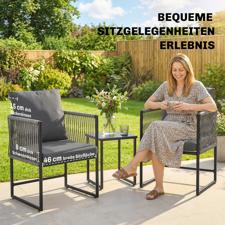 Sæt med 2 vejrbestandige havestole lavet af stål og PE-rattan med hynder, armlæn og ryglæn, 52x52x66 cm, mørkegrå