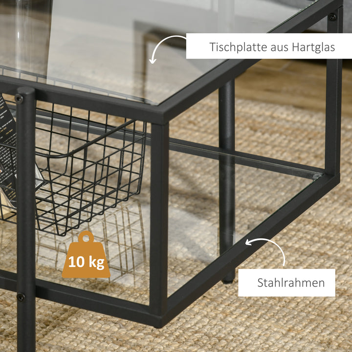 Sofabord med hylde, justerbare fødder, stålstel, glasplade, 100 x 55 x 45,5 cm, hvid