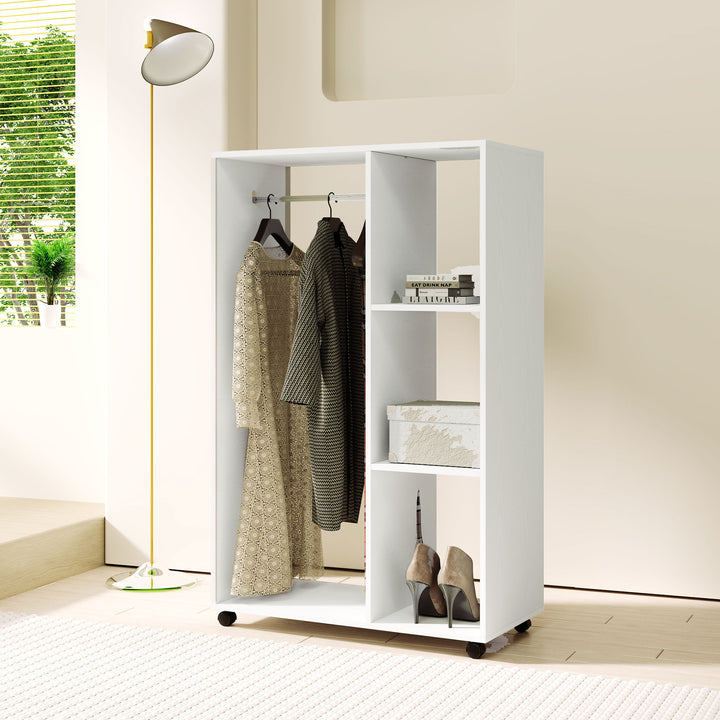 Garderobe på hjul, mobil garderobe, garderobeskab, rullende tøjstativ, 80 x 40 x 128 cm, hvid