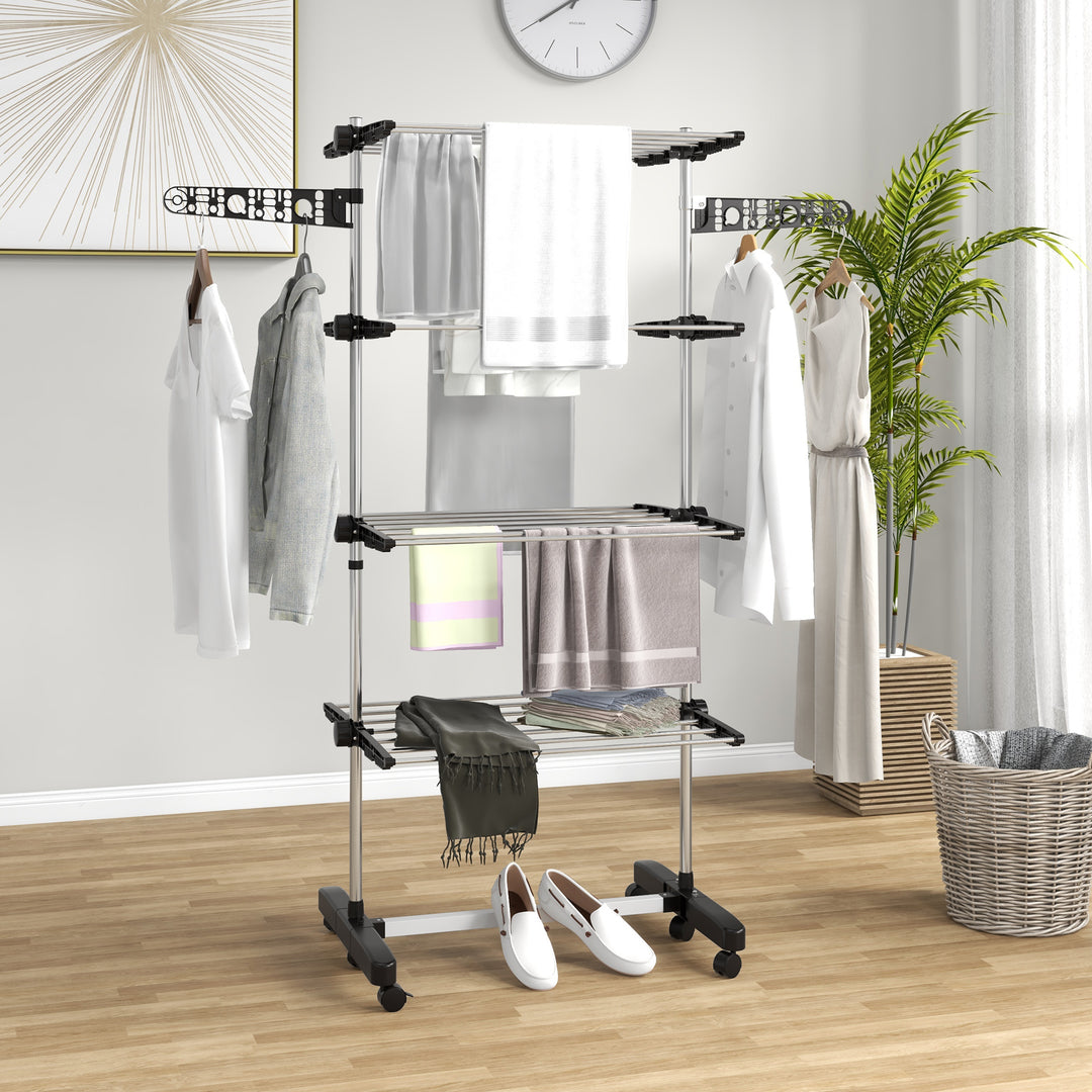 Tørrestativ med 5 niveauer, foldbar, et-klik-system, 142 cm x 55 cm x 1,72 cm, sort + sølv