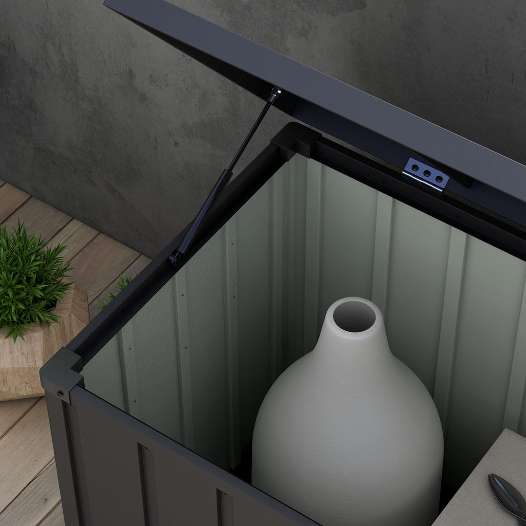 Opbevaringskasse, havekasse, 450L opbevaringsplads, 2 hjul, stålramme, 125x61x70 cm, mørkegrå