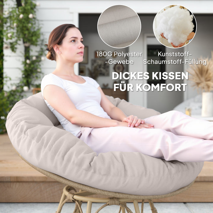 Papasan-stol i rattan, 360° drejelig kurvestol med siddehynde, rund udendørs