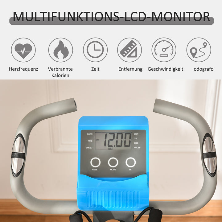 2-i-1 motionscykel med LCD-display, justerbar pulsmåler, sæde og hjul; foldbar motionscykel med 8 niveauer af magnetisk modstand, spændekabel og stålstel.