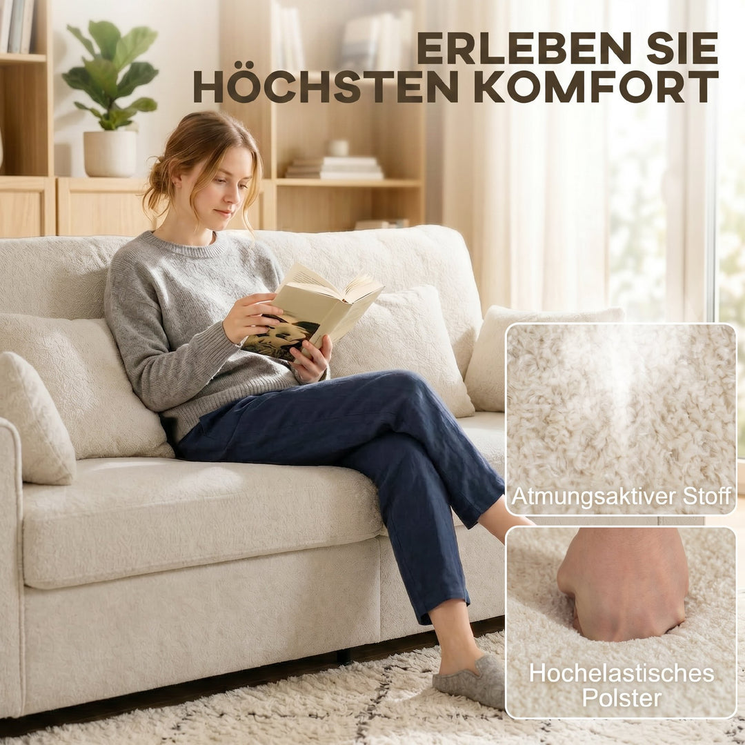 Beige 3-personers sofa med Raindrop-fløjlsbetræk, dybt sæde, fjerpuder, brede armlæn og 4 hynder