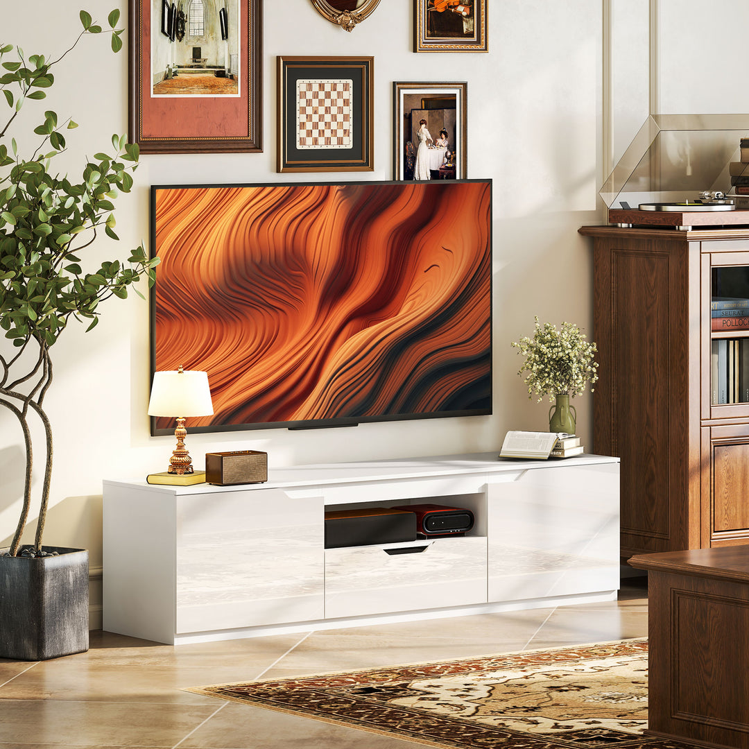 Tv-lavbord, højglans, til tv op til 65'', 3 rum, skuffe, 160 x 38 x 43 cm, hvid