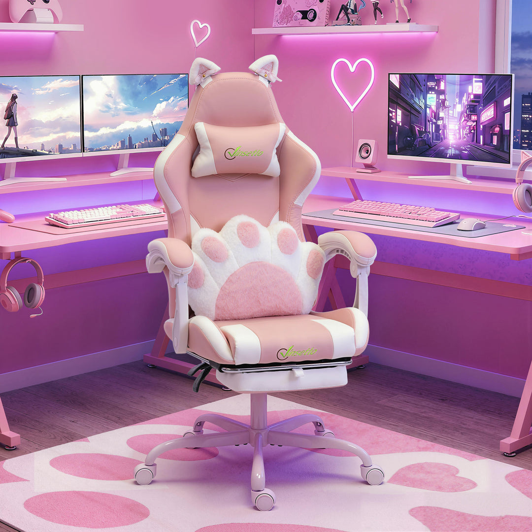 Ergonomisk gamingstol, katteøre gamerstol lavet af kunstlæder med lændestøtte, fodstøtte, nakkestøtte, pink