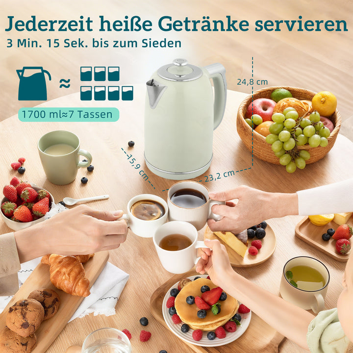 Elkedel- og brødristersæt, LED-display, 1,7 liter, 2200W, retrodesign, hukommelsesfunktion, grå