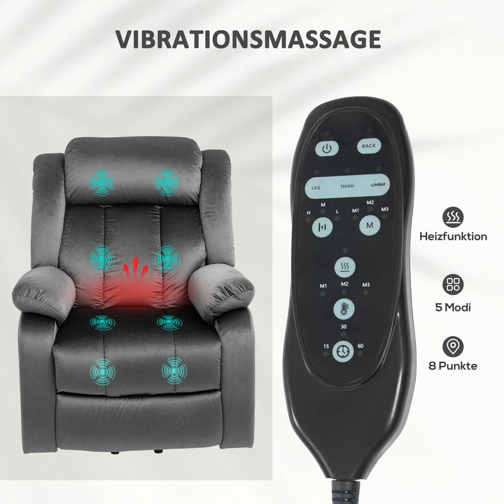 Lænestol med massagefunktion og lændevarme, lænestol med fjernbetjeninger og sidelommer, grå