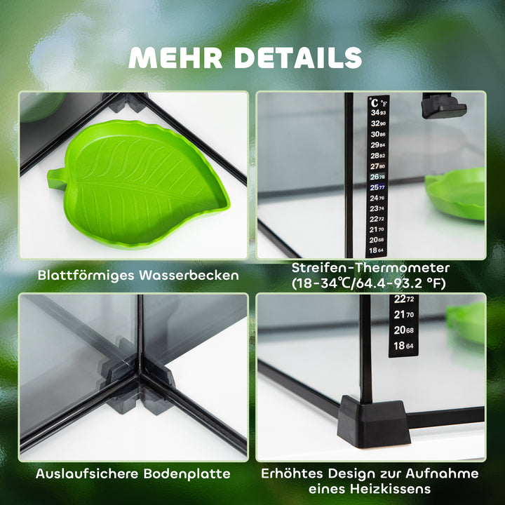 Reptile box terrarium, inklusive stribetermometer, foderklapper, 50 cm x 30 cm x 25 cm, glas + metal, sort