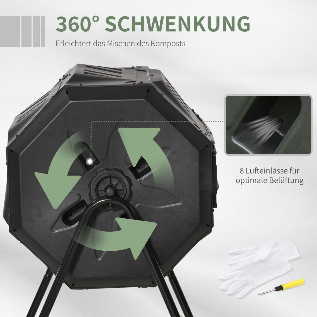 Kompostbeholder med 2 rum, 160 L kapacitet, drejelig, 71 cm x 65 cm x 96 cm, sort