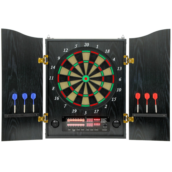 Elektronisk dartskive med døre, trælook, LED-display, stemmemeddelelser, 6 dartpile, 24 udskiftelige spidser