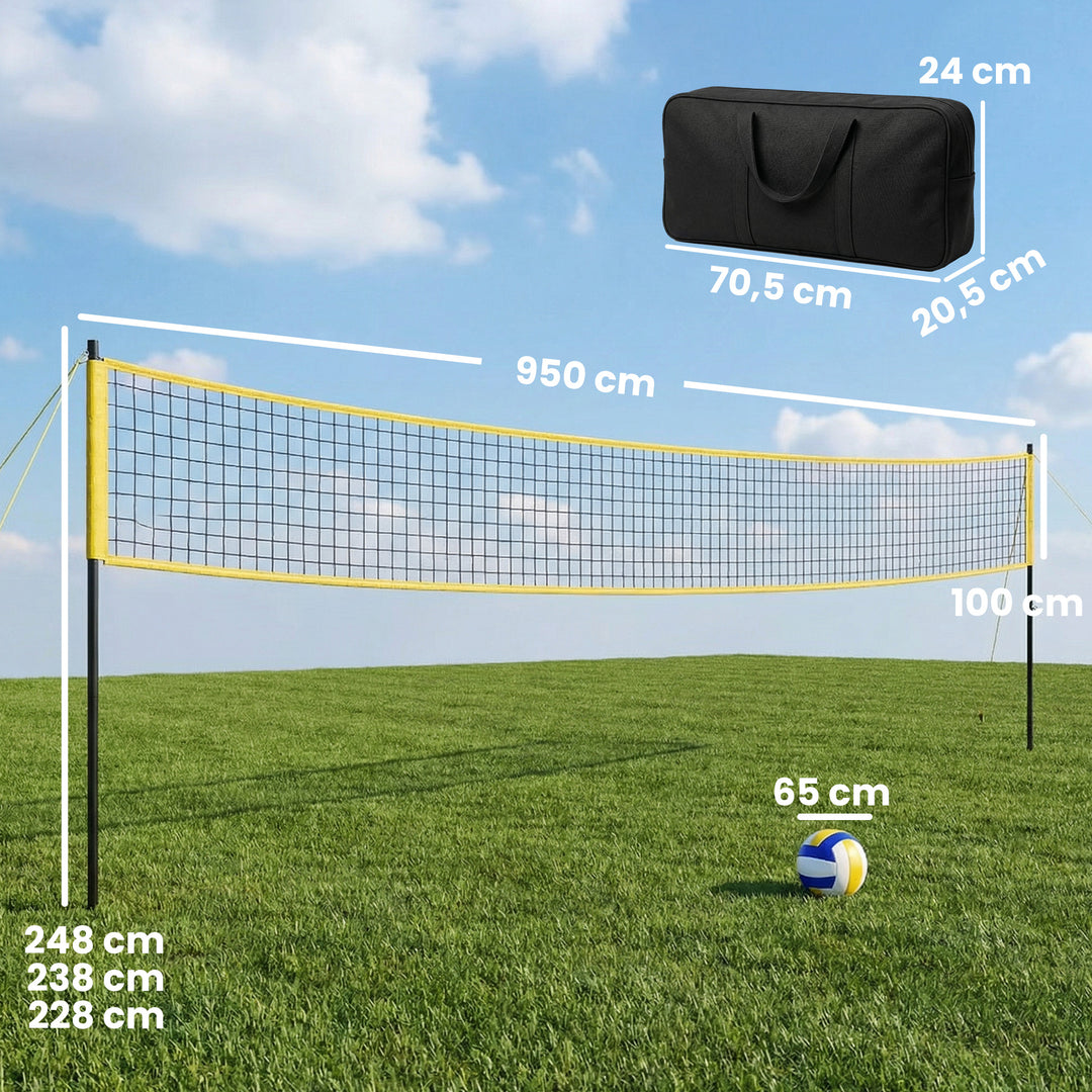 Bærbart volleyballnetsæt med højdejusterbare stålstolper og bæretaske, 950 x 100 x 248 cm, sort