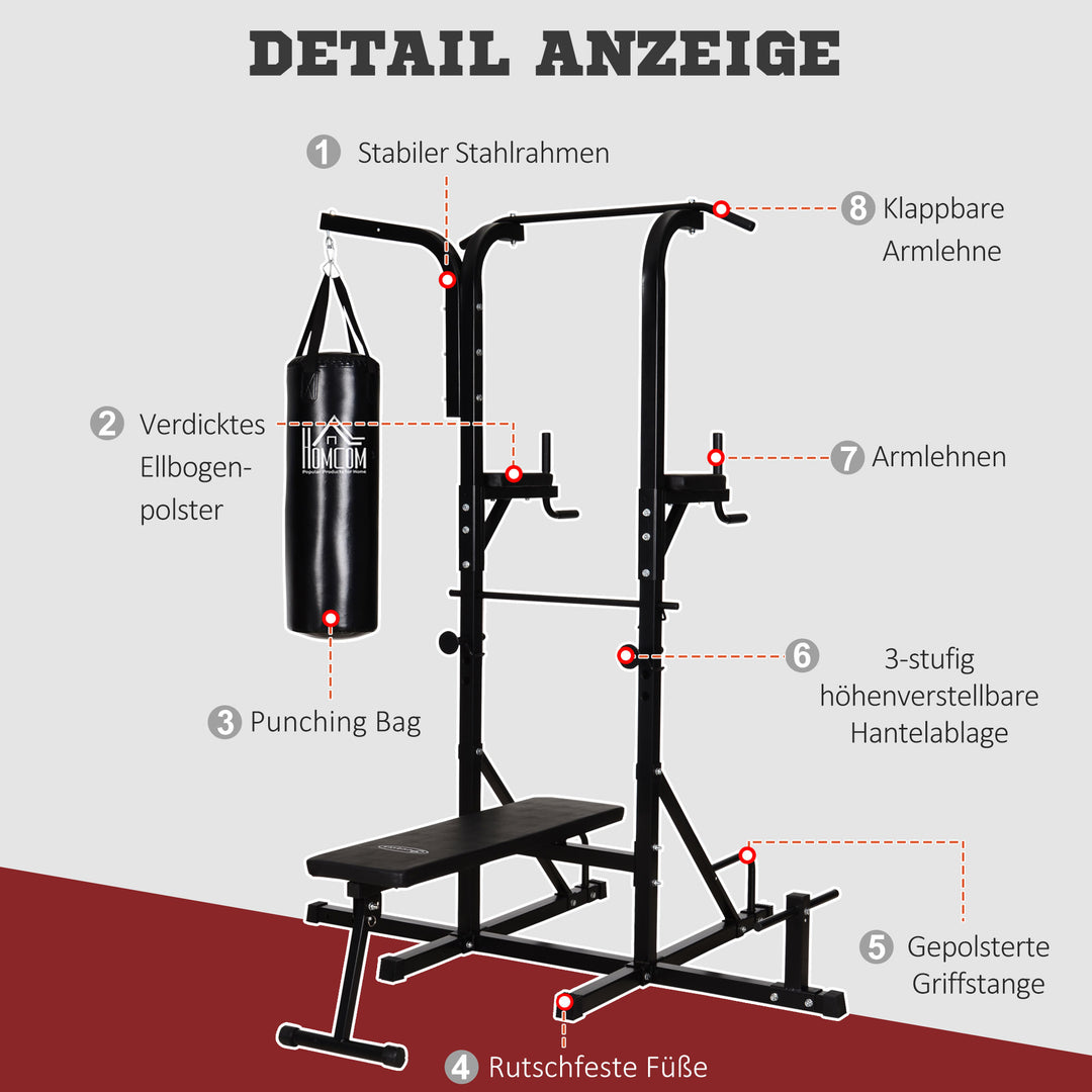 Power station med pull-up bar, multifunktionel dip station, hjemmetræningsudstyr, med boksesæk, fitness, stål, sort, 180 x 183 x 219 cm