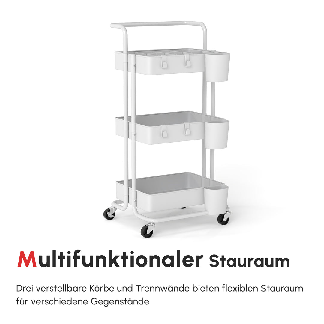Rullende vogn, serveringsvogn, 3 opbevaringskurve, 3 hængekasser, 4 kroge, metalramme, 42 x 38 x 86,5 cm, hvid