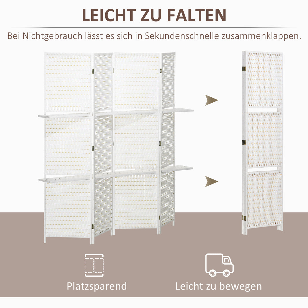 4-panels foldeskærm, 181 x 180 cm, med 2 hylder, lavet af fyrretræ og bambus, til soveværelser, hvid