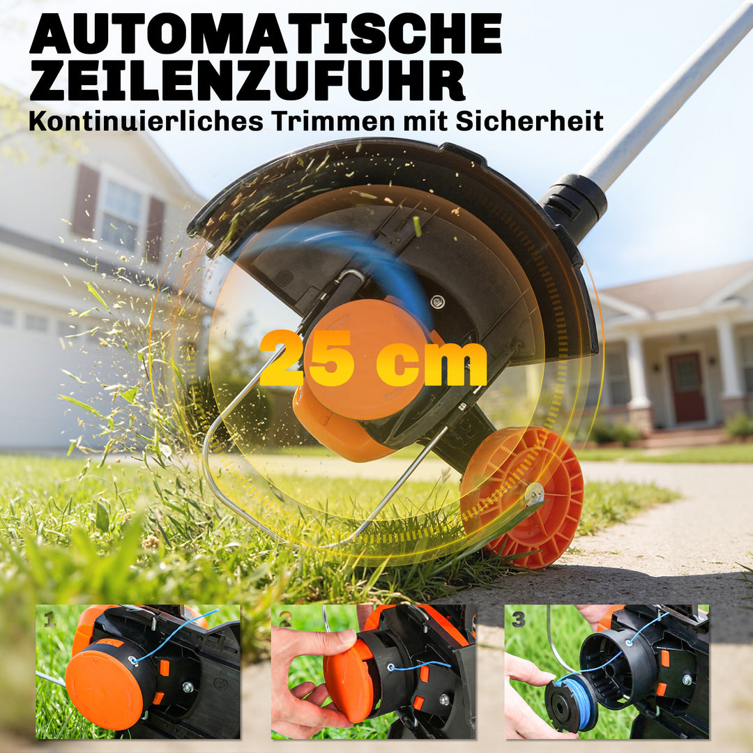 21V batteridrevet græstrimmer med 2 x 4,0 Ah batterier, 25 cm klippebredde
