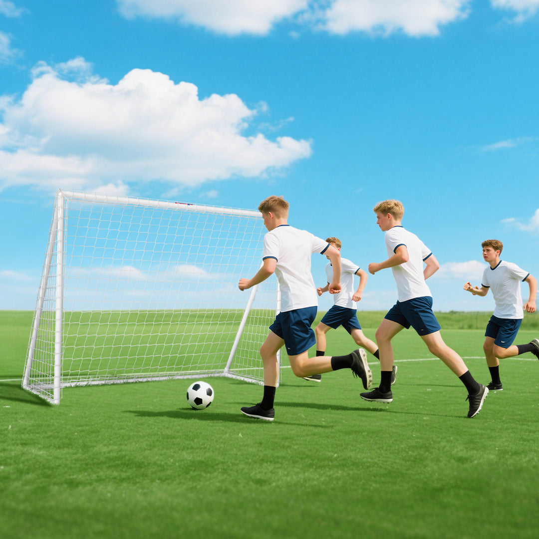 Fodboldmål, robust net, plastikramme, pløkker, 240L x 90B x 180H cm, hvid