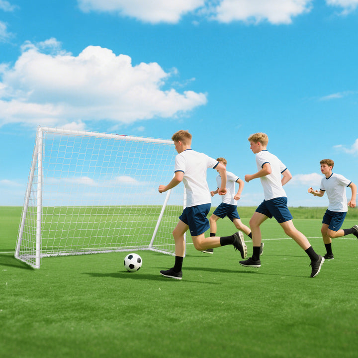 Fodboldmål, robust net, plastikramme, pløkker, 240L x 90B x 180H cm, hvid