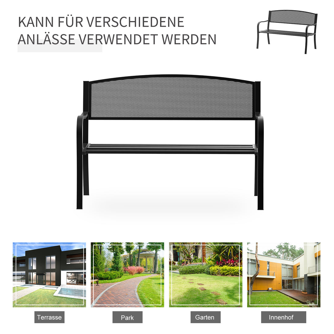 Havebænk, parkbænk, 2-personers, stål, sort, B127 x D60 x H87 cm