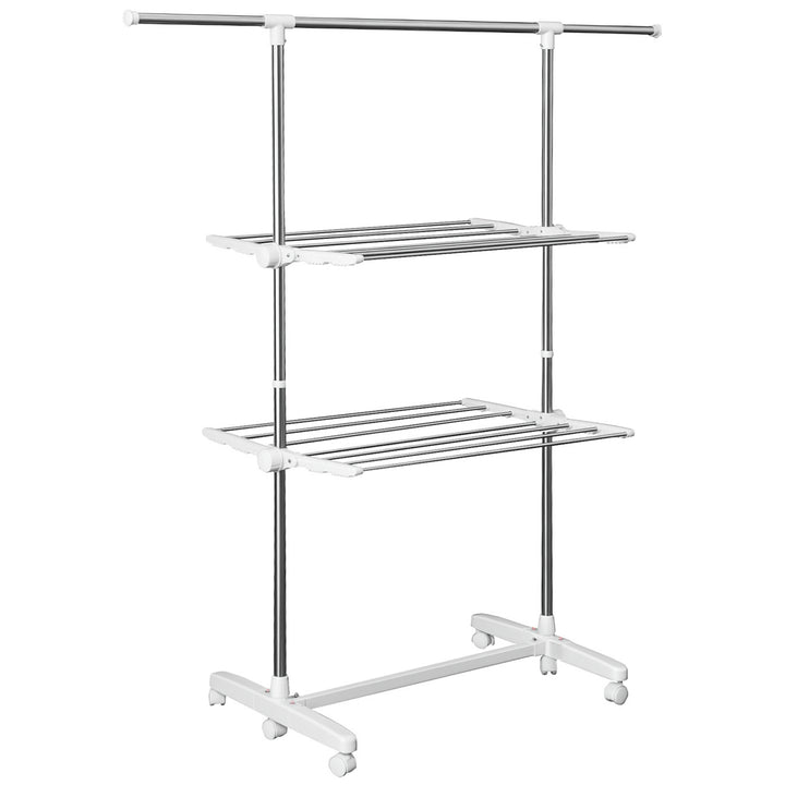 Udtrækkelig tørrestativ med 3 niveauer, foldbare vinger, hjul, indendørs og udendørs tørretumbler, hvid, 83-136,5 x 45,5 x 154 cm