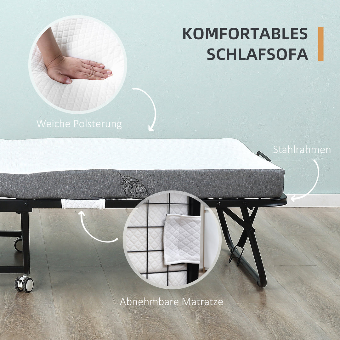 Gæsteseng sammenklappelig seng med hjul stål+skum hvid+sort 200 x 80 x 42,5 cm