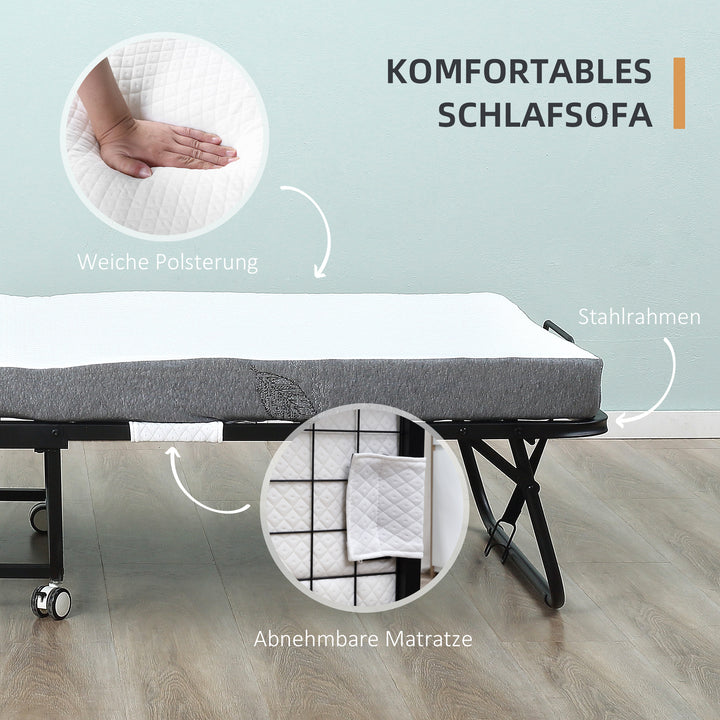 Gæsteseng sammenklappelig seng med hjul stål+skum hvid+sort 200 x 80 x 42,5 cm