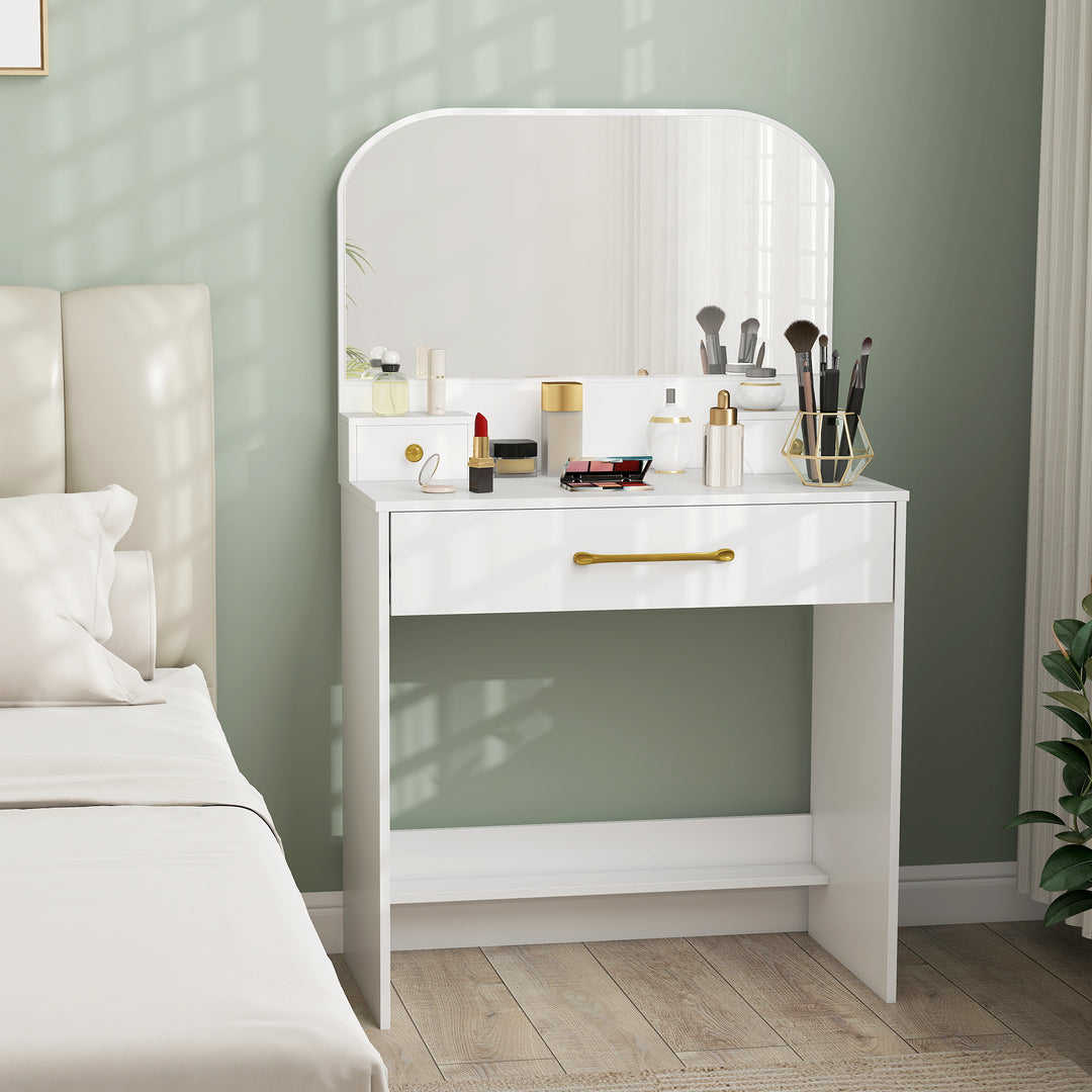Toiletbord med spejl, kompakt toiletbord med 3 skuffer, hvid