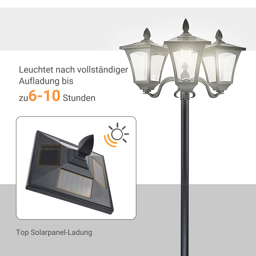 Solcellehavelanterne med 3 lys, lanternestang i rustfrit stål, solcellelanterne med LED 120 lumen, 51,5x47x182,5 cm, stilampe IP44 til havebalkon, sort