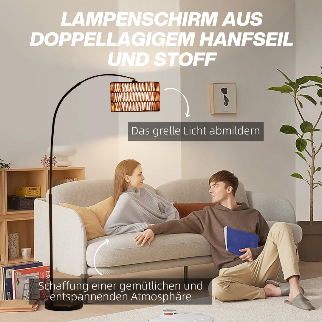 Gulvlampe med hamprebskærm, højdejusterbar, fodkontakt, metal, sort