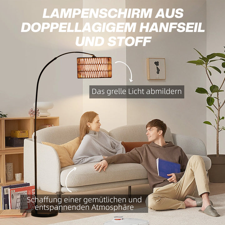 Gulvlampe med hamprebskærm, højdejusterbar, fodkontakt, metal, sort