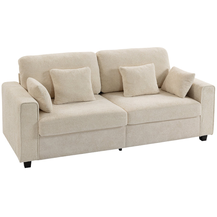 Beige 3-personers sofa med Raindrop-fløjlsbetræk, dybt sæde, fjerpuder, brede armlæn og 4 hynder