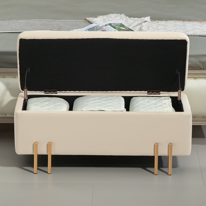 Polstret bænk med opbevaring, kommodebænk, skum, metal, gummitræ, 100 x 40 x 42 cm, beige