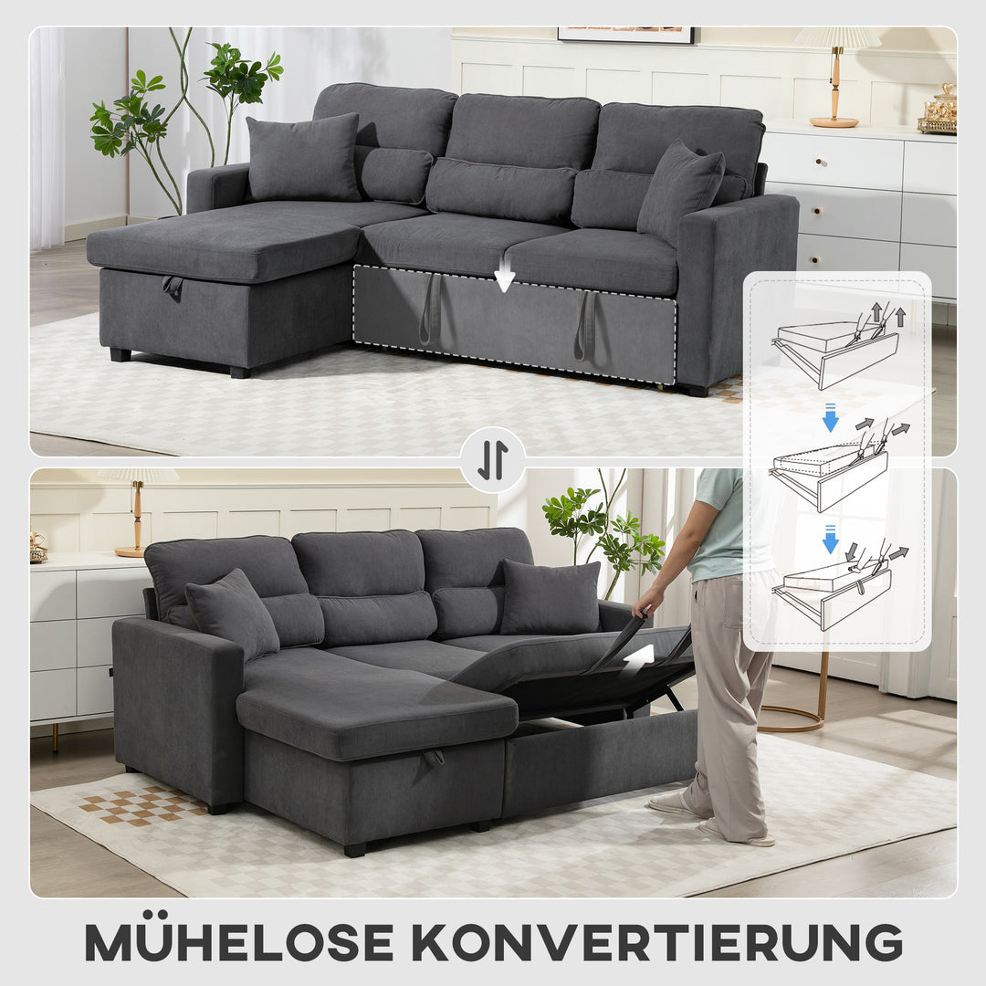 Justerbar sovesofa, L-formet gæstesofa med sengefunktion, opbevaringsplads, hynder, til stue, gæsteværelse, mørkegrå