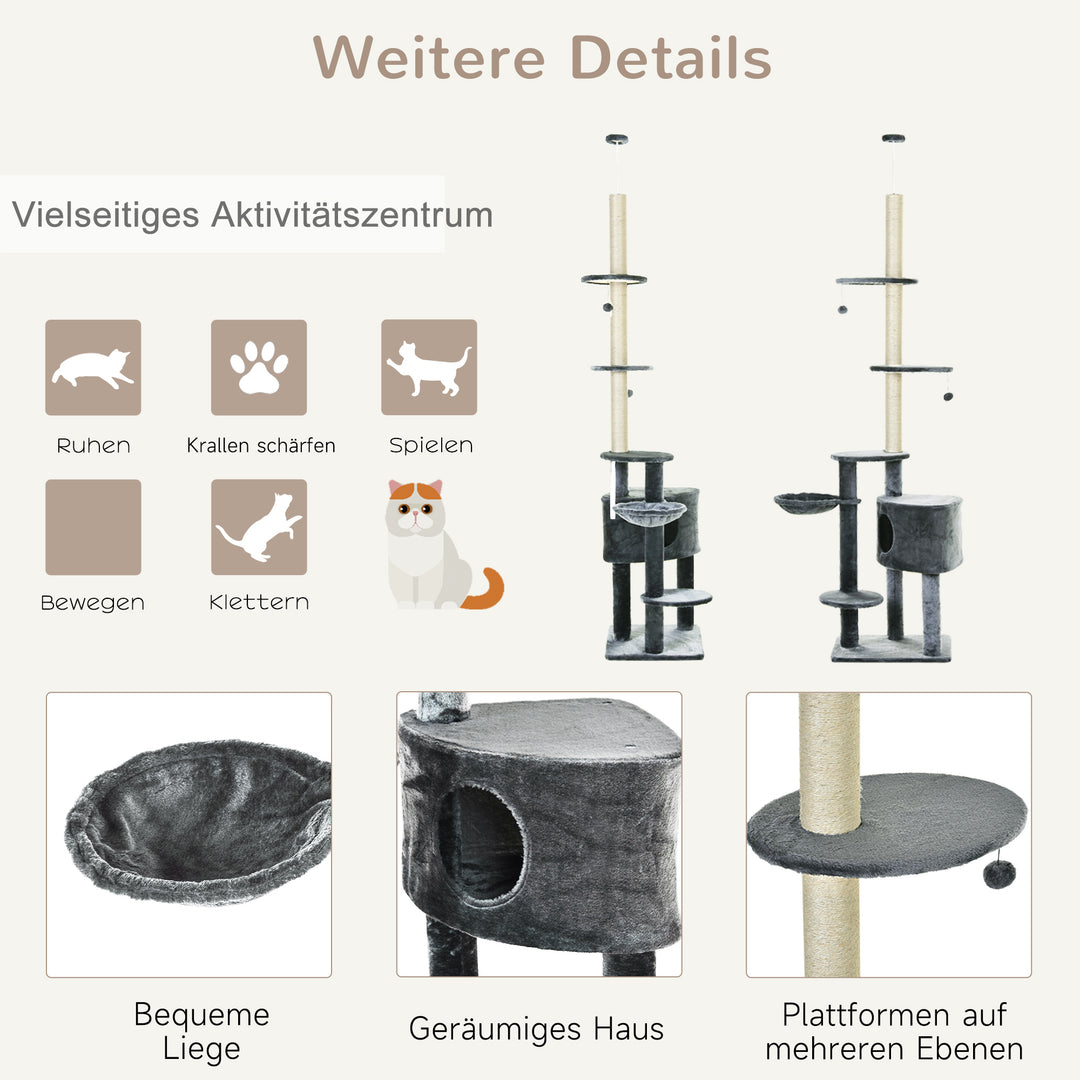 Lofthøjt kradsetræ, højde 220-265 cm, kradsetræ med legebolde, kattehule, hængekøje, sisalstolper, platforme, kradsetræ i flere niveauer til katte, klatretræ til mellemstore katte, mørkegrå