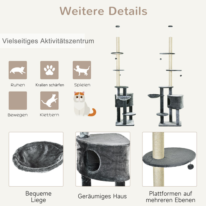 Lofthøjt kradsetræ, højde 220-265 cm, kradsetræ med legebolde, kattehule, hængekøje, sisalstolper, platforme, kradsetræ i flere niveauer til katte, klatretræ til mellemstore katte, mørkegrå